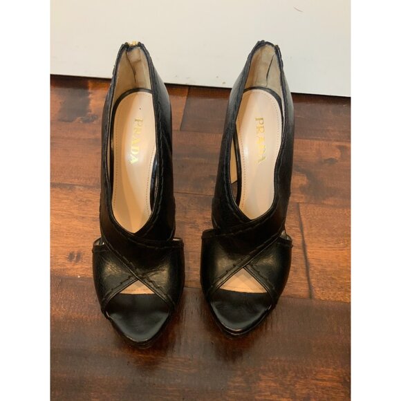 Prada Black Leather Criss-Cross Open Toe Platform Heels, Size 8.5 | 38.5 - Picture 2 of 9